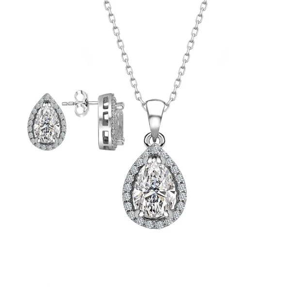 Swarovski Taşlı Damla Gümüş Kolye Küpe Set Sertifikalı Qr Kod ürün görseli 1