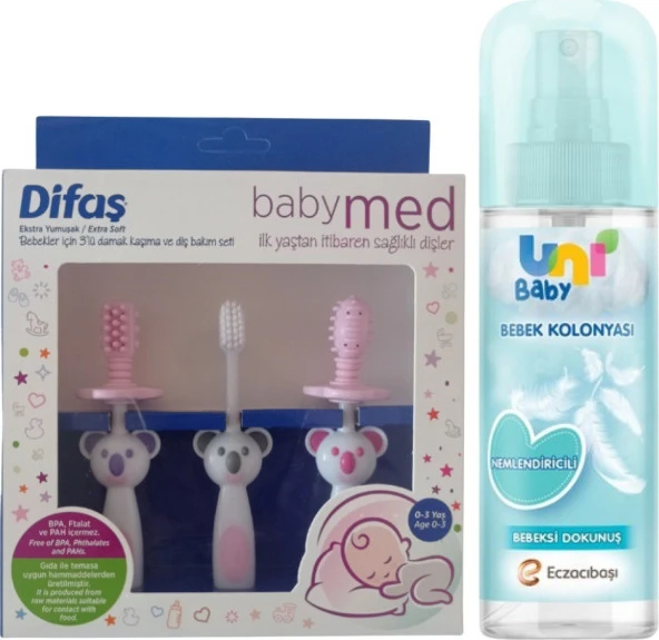 Uni Baby Bebek Kolonyası Bebeksi Dokunuş 150 ml + Difaş Bebekler Için 3'lü Damak Kaşıma  Seti Pembe ürün görseli 1