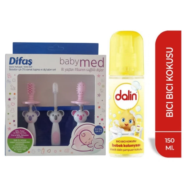 Difaş Bebekler İçin 3'Lü Damak Kaşıma ve Diş Bakım Seti Pembe + Dalin Bebek Kolonyası Bıcı Bıcı Koku ürün görseli 1