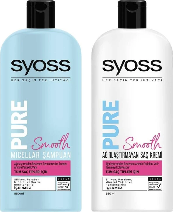 Syoss Pure Smooth Mıcellar Şampuan 500 ml+ Agırl. Sac Kremi ürün görseli 1