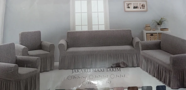 Arlisa jakarlı Kare Cizgili Etekli Maksi Koltuk Örtüsü 3+3+1+1  Naturel ürün görseli 1