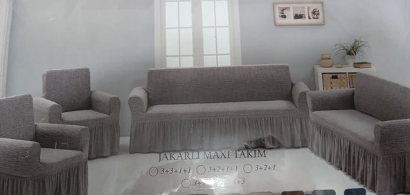 Arlisa jakarlı Kare Cizgili Etekli Maksi Koltuk Örtüsü 3+3+1+1 Antrasit ürün görseli 1