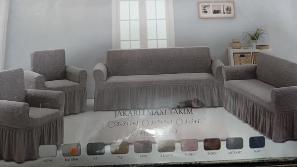 Arlisa jakarlı Kare Cizgili Etekli Maksi Koltuk Örtüsü 3+3+1+1 Taş ürün görseli 1