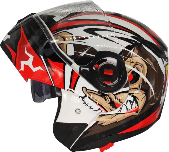 Free-M 961 Monkey Güneş Vizörlü Çeneden Açılır Kask Siyah - Beyaz - Kırmızı ürün görseli 1