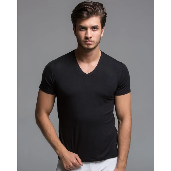 Thermoform Erkek Bambu V Yaka Tişört, Kısa Kollu, Terletmeyen, Yumuşak ve Nefes Alabilen Fanila Atlet Siyah ürün görseli 1