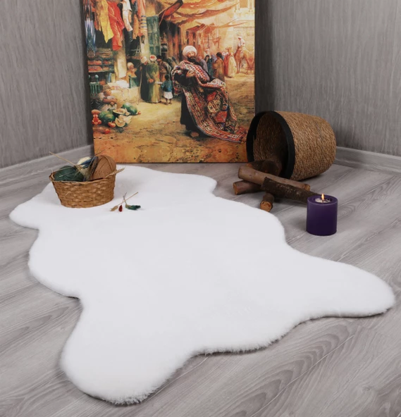 Tavşan Tüyü Dekoratif Ultra Yumuşak Post Peluş Kaymaz Halı Beyaz ürün görseli 1