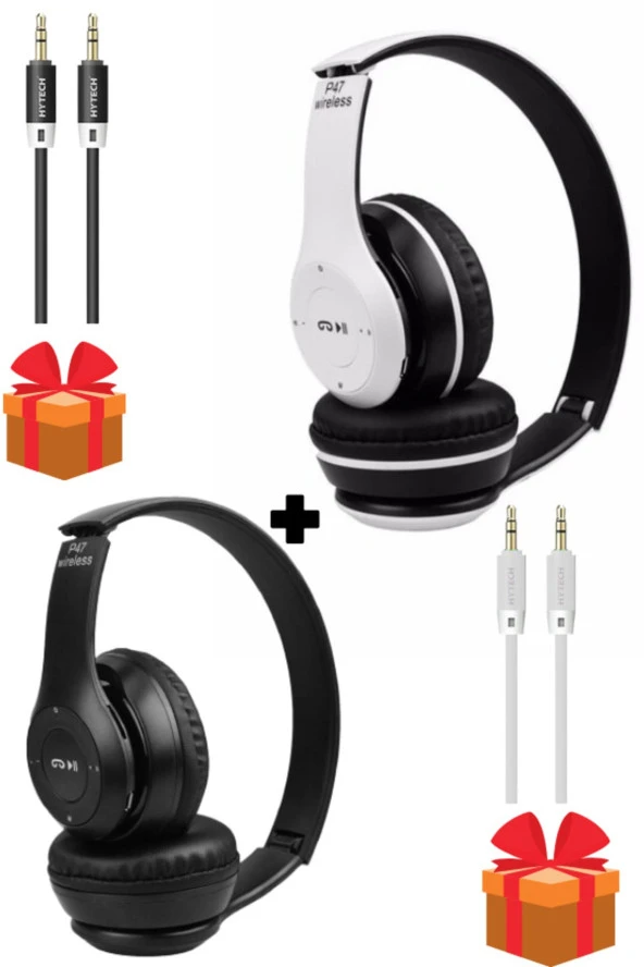 2 Adet Siyah Beyaz 5.0 Edr P47 Extra Bass Wireless Bluetooth Kulaklık + 2 Adet Aux Tf Kart Girişli ürün görseli 1