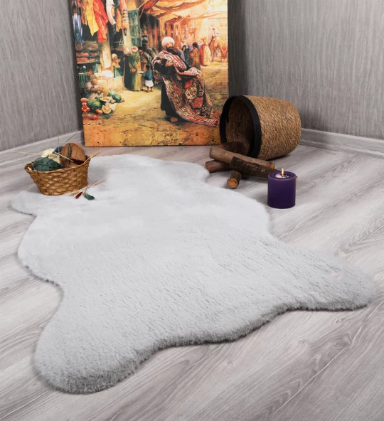 Tavşan Tüyü Dekoratif Ultra Yumuşak Post Peluş Kaymaz Halı Gri ürün görseli 1