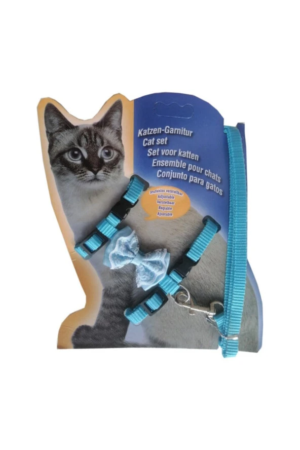 Atlantik Papyonlu Turkuaz Kedi Göğüs Bel Tasması 20*32 Cm ürün görseli 1