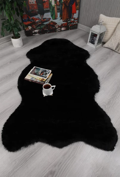 Tavşan Tüyü Dekoratif Ultra Yumuşak Post Peluş Kaymaz Halı Siyah ürün görseli 1
