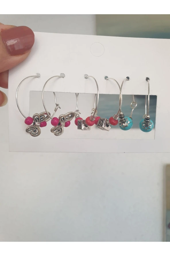 Pembe Mavi Halka Küpe Kombin Kelebekli Doğal Taşlı Cici Model ürün görseli 1