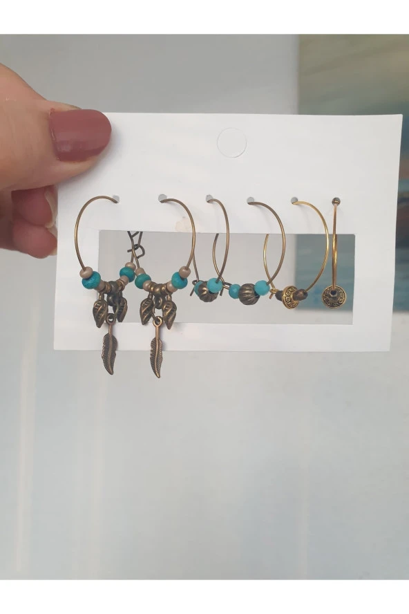 Vintage Halka Küpe Seti Mavi Kristal Taşlı Otantik Antik Kaplama ürün görseli 1