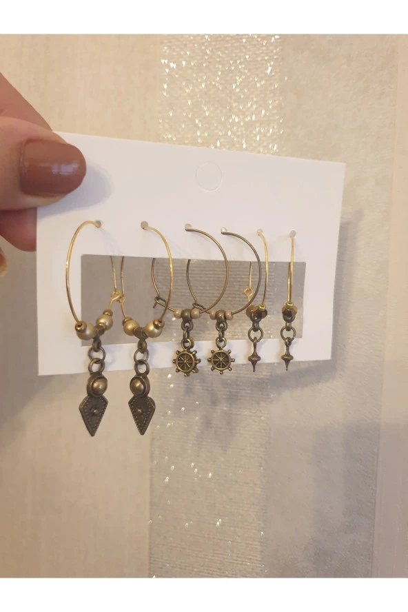 Halka Küpe Kombin Set Otantik Vintage Bronz Model ürün görseli 1