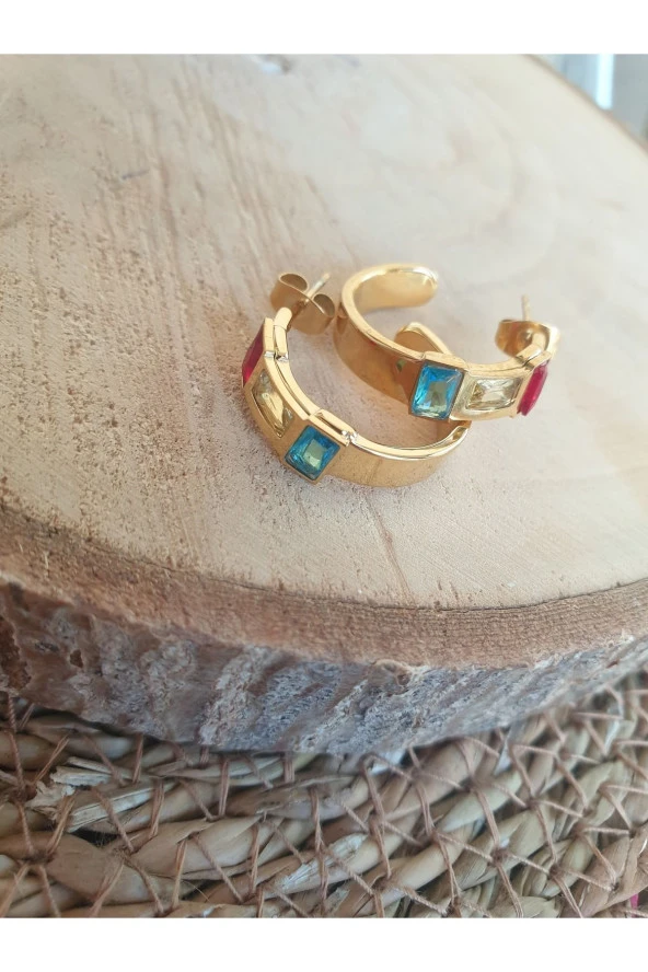 Halka Küpe Zirkon Taşlı Parlak Gold Küpe ürün görseli 1