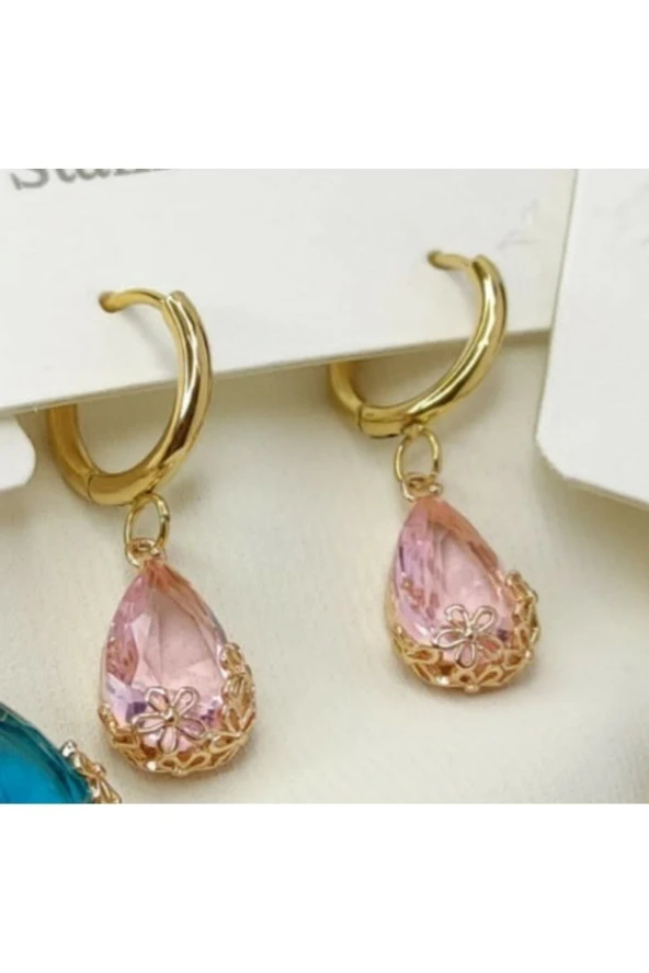 Zirkon damla küpe çelik gold taşlı küpe damla model ürün görseli 1