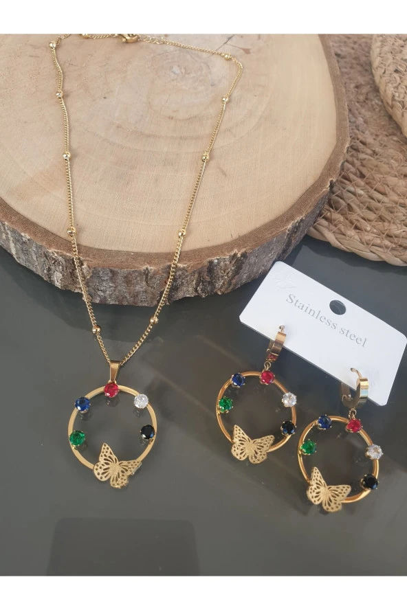 KELEBEKLİ TAŞLI KOLYE KÜPE SETİ ÇELİK GOLD ürün görseli 1