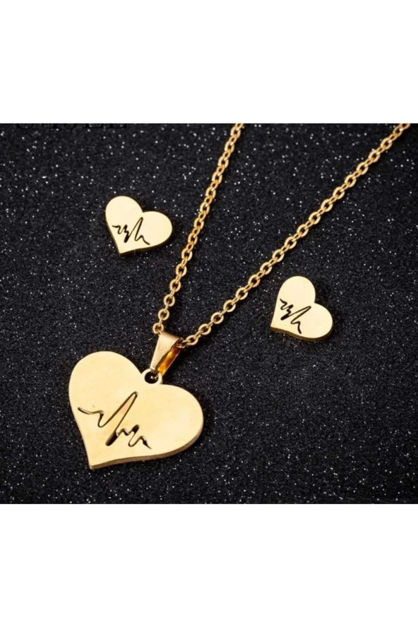 Kalpli Çelik Set Kolye Küpe Seti 316l Çeliktir Gold Renk ürün görseli 1