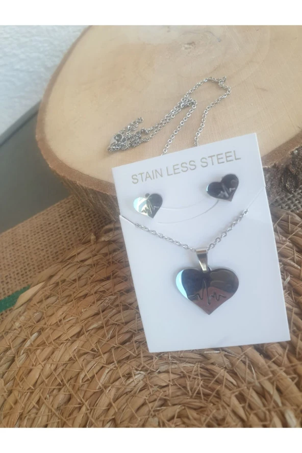 Kalpli Kolye Ve Küpe Seti Çeliktir Gümüş Renk ürün görseli 1