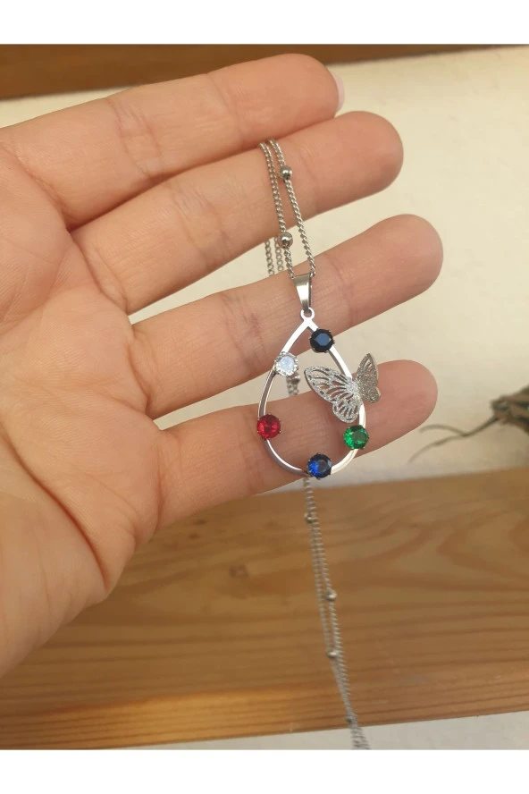 Çelik kolye küpe seti taşlı kelebekli OVAL MODEL - Resim 3