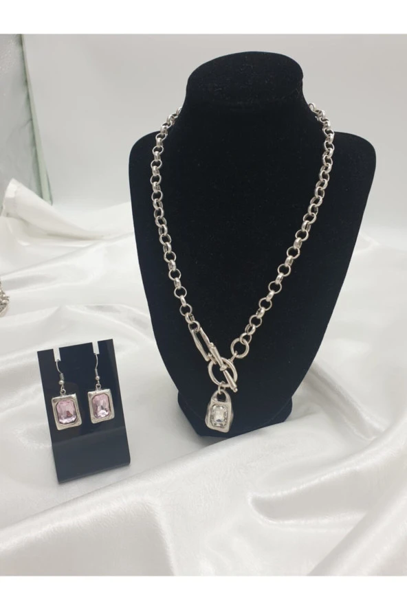 Beyaz Taşlı Kare Tarz Takı Seti Antik Gümüş Kaplama Vintage 2li Kare Model ürün görseli 1