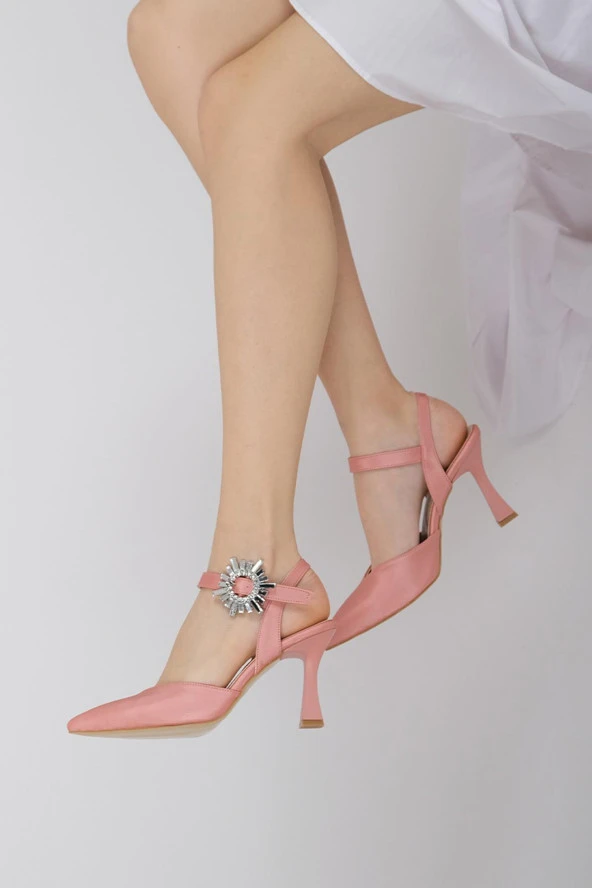 Pudra Saten Kadeh Topuklu Stiletto Taşlı Abiye Ayakkabı - Shinysun ürün görseli 1