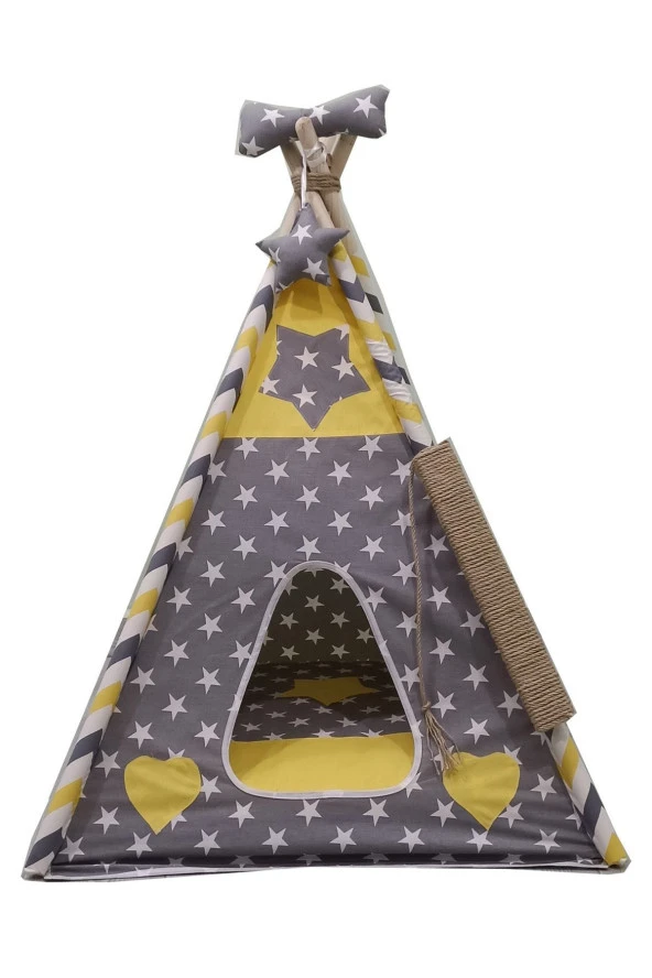 Moonstar Sarı Gri Yıldızlı Kedi Köpek Çadırı XL ürün görseli 1