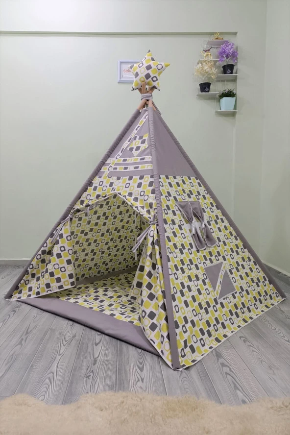 Henna Duck Sabitlenebilir Çocuk Oyun Çadırı Gri Sarı Kutular ürün görseli 1