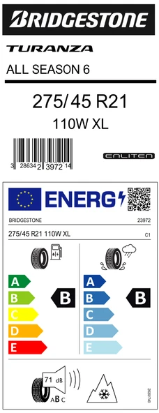 Bridgestone 275/45 R21 110W Xl Turanza 6 All Season B-B-71 Enlıten 4 Mevsim Lastiği - 2023 ürün görseli 1