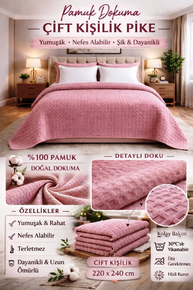 Şaheser %100 Pamuk Çift Kişilik Pike 240x220 (Tek Pike)-Pudra ürün görseli 1