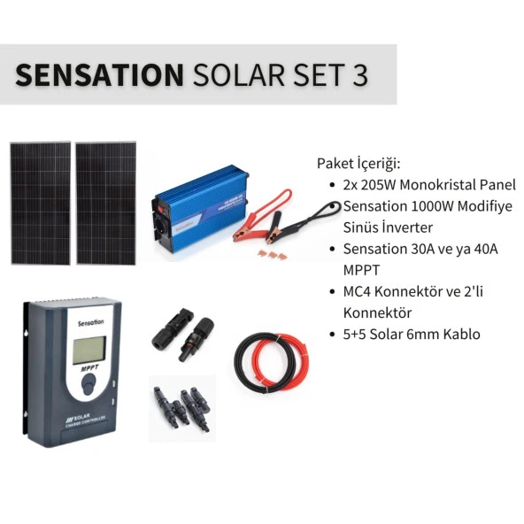 Sensation Solar Set Paket 3 (Karavan,Bağ Evi) Monokristal Güneş Paneli-Mppt-İnverter Modifiye Sinüs ürün görseli 1