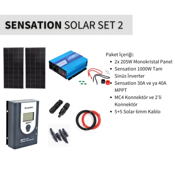 Sensation Solar Set Paket 2 (Karavan, Bağ Evi) Monokristal Güneş Paneli-Mppt-İnverter Tam Sinüs ürün görseli 1