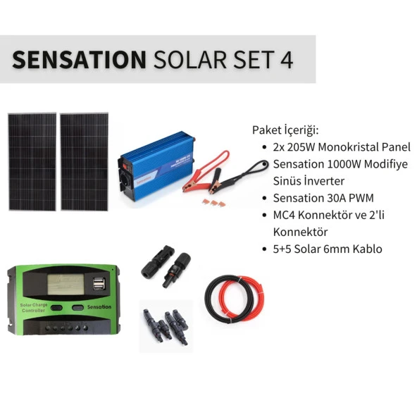 Sensation Solar Set Paket 4 (Karavan, Bağ Evi) Monokristal Güneş Paneli-Pwm-İnverter Modifiye Sinüs ürün görseli 1
