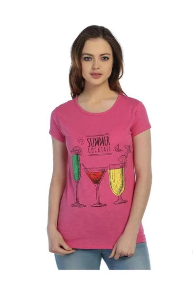 TS2016020 -1 - Pembe Bayan Summer Kokteyl Desenli Baskılı T-Shirt ürün görseli 1
