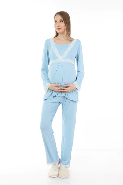 Luvmabelly MYRA9707 Dantelli Emzirme Hamile Pijama Takımı -Mavi ürün görseli 1