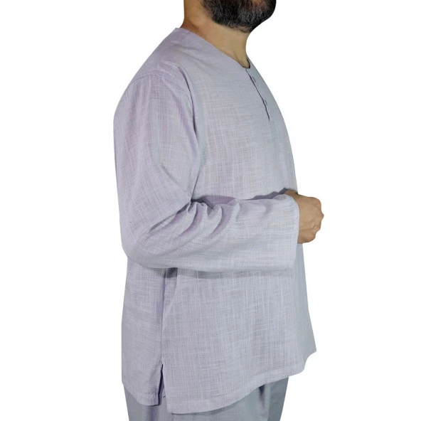 Yakasız Keten Gömlek Gri - Resim 2