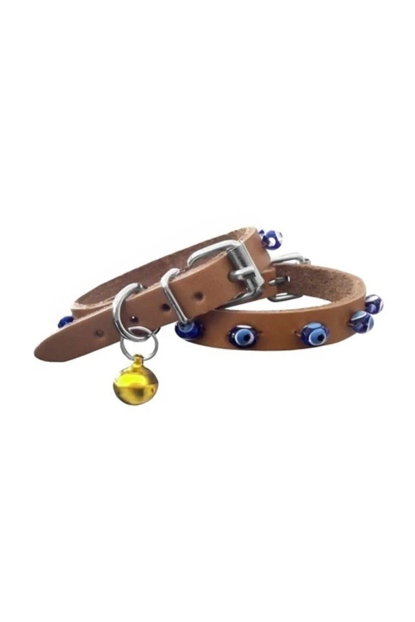 Doggie Deri Nazar Boncuklu Kedi Ve Köpek Tasması 1,2x25-29 Cm Camel Large ürün görseli 1