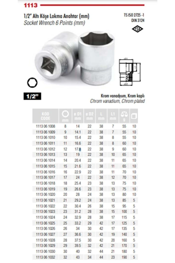 İzeltaş 26 Mm 1/2 Altı Köşeli Lokma Anahtar 1113 06 1026 ürün görseli 1