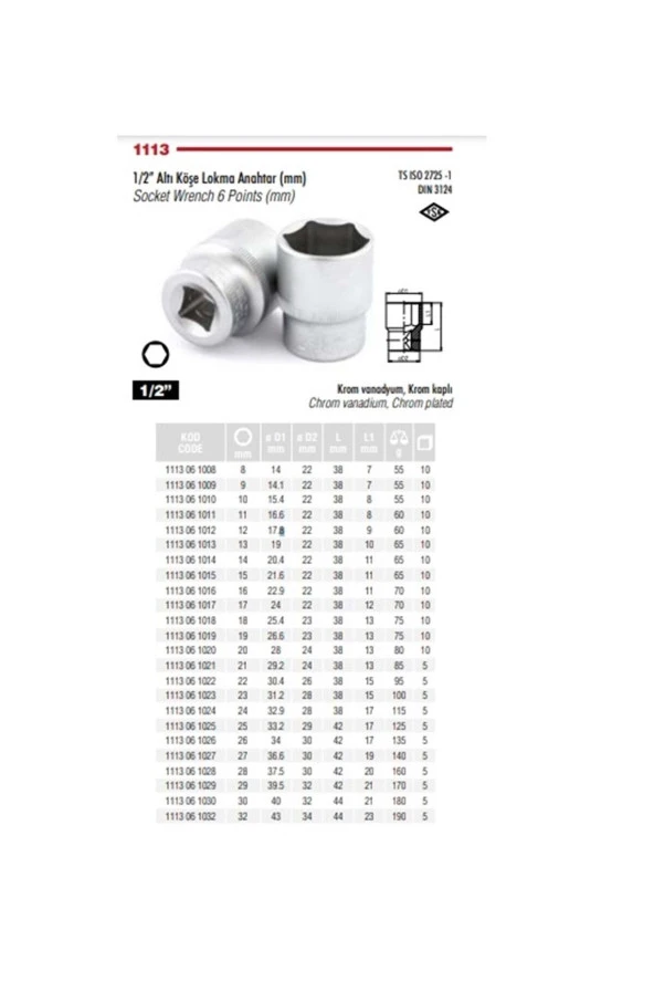 İzeltaş 23 Mm 1/2 Altı Köşeli Lokma Anahtar 1113 06 1023 ürün görseli 1