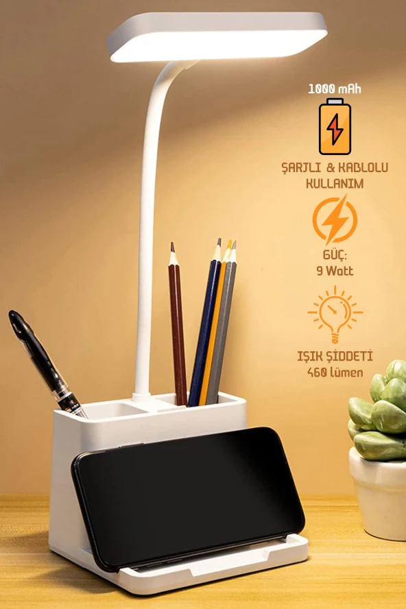 Şarjlı Masa Lambası Dokunmatik Sıcak Renk Ayarlı Telefon Standlı Dimmer Çalışma Okuma Işığı Q108 ürün görseli 1