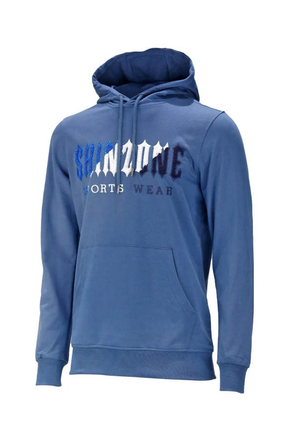 Erkek Standart Fit Kapüşonlu Kabartma Baskılı Mavi Sweatshirt ürün görseli 1