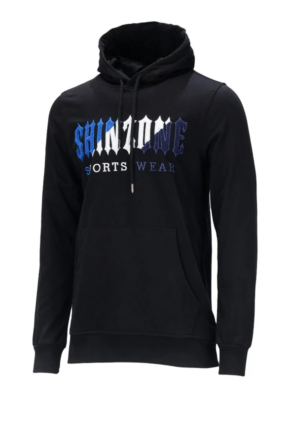 Erkek Standart Fit Kapüşonlu Kabartma Baskılı Siyah Sweatshirt ürün görseli 1