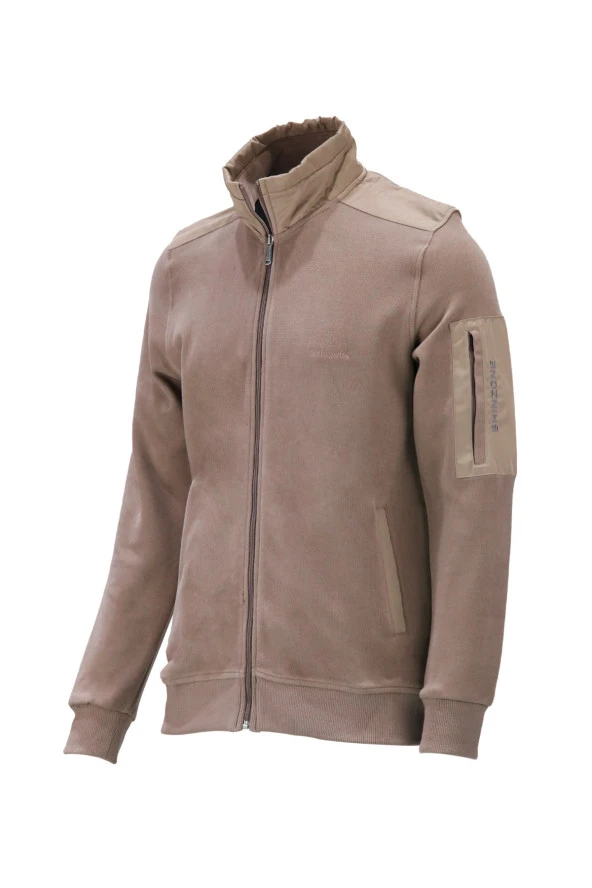 Erkek Standart Fit Kol Cepli Fermuarlı Vizon Sweatshirt ürün görseli 1