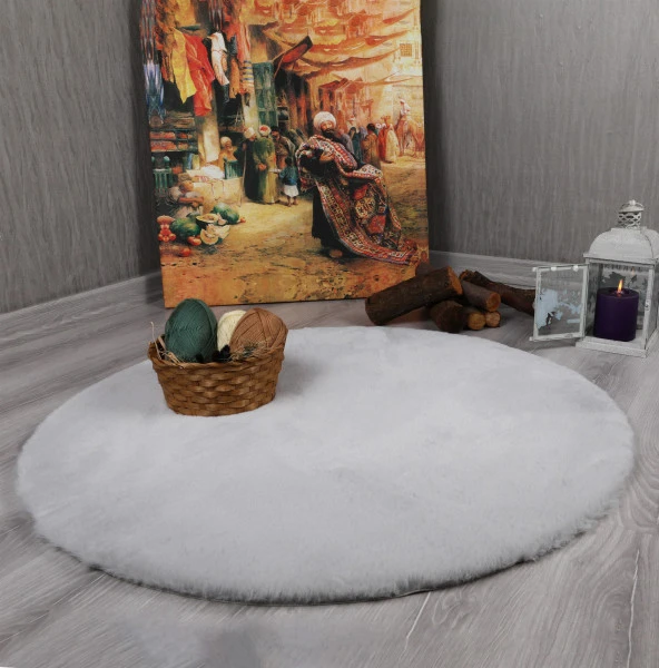 Dekoratif Tavşan Tüyü Ultra Yumuşak Peluş Yuvarlak Halı Gri ürün görseli 1