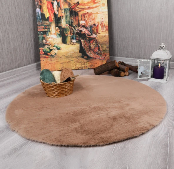 Dekoratif Tavşan Tüyü Ultra Yumuşak Peluş Yuvarlak Halı Camel ürün görseli 1