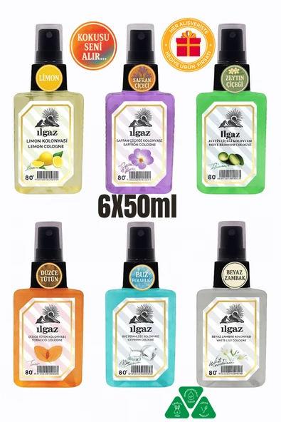 Zeytin Çiçeği & Safran & Beyaz Zambak & Tütün & Limon & Ice Fresh Kolonya 50 Ml Elegance 6'lı Set ürün görseli 1