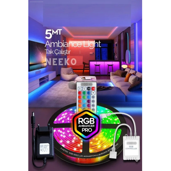 neeko 5mt Şerit Animasyonlu Tak Çalıştır Kumandalı Trafolu Rgb Şerit Işık Aydınlatma Parti Led ürün görseli 1