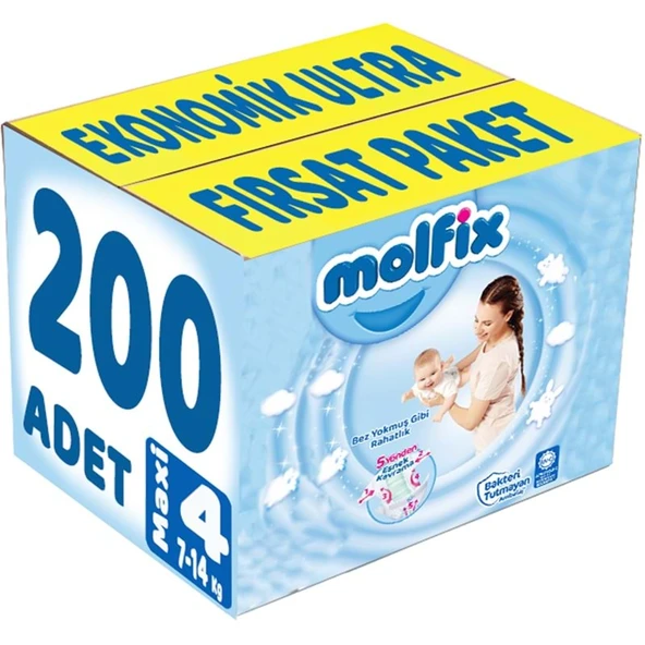 Molfix Bebek Bezi 4 Beden 7-14 KG Maxi 200 Adet Ekonomik Ultra Fırsat Pk ürün görseli 1