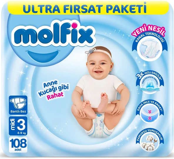 Molfix Bebek Bezi 3 Beden 4-9 KG Midi 108 Adet Ultra Fırsat Pk ürün görseli 1