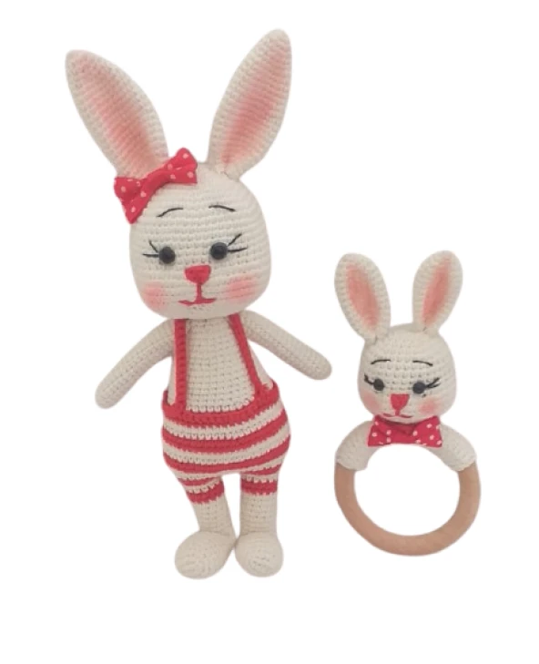Tavşan Papi Uyku Arkadaşı ve Çıngırak Amigurumi Organik Oyuncak ürün görseli 1