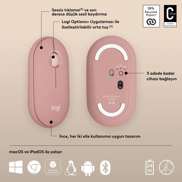 Logitech M350s Pebble 2 Bluetooth Kablosuz Sessiz Kompakt Mouse - Pembe - Resim 6